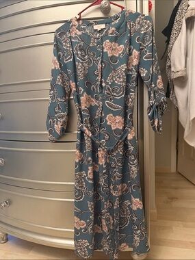 LOFT Teal Floral Midi Dress with Pink Accent